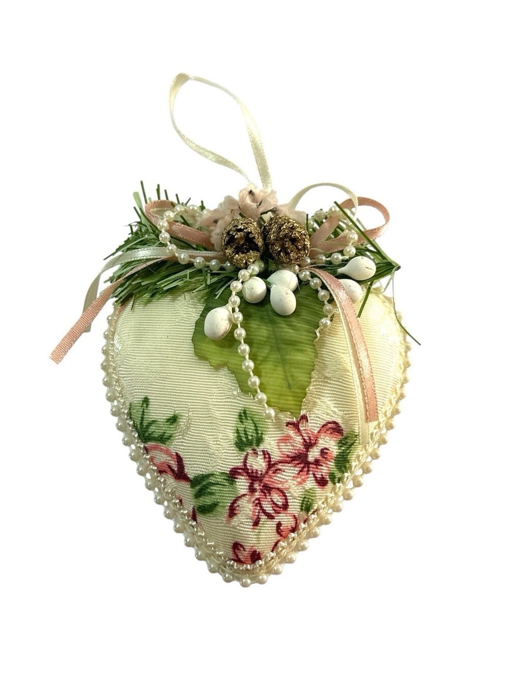 Vintage Victorian Floral Fabric Heart Christmas Ornament Pearl Pinecone 4”